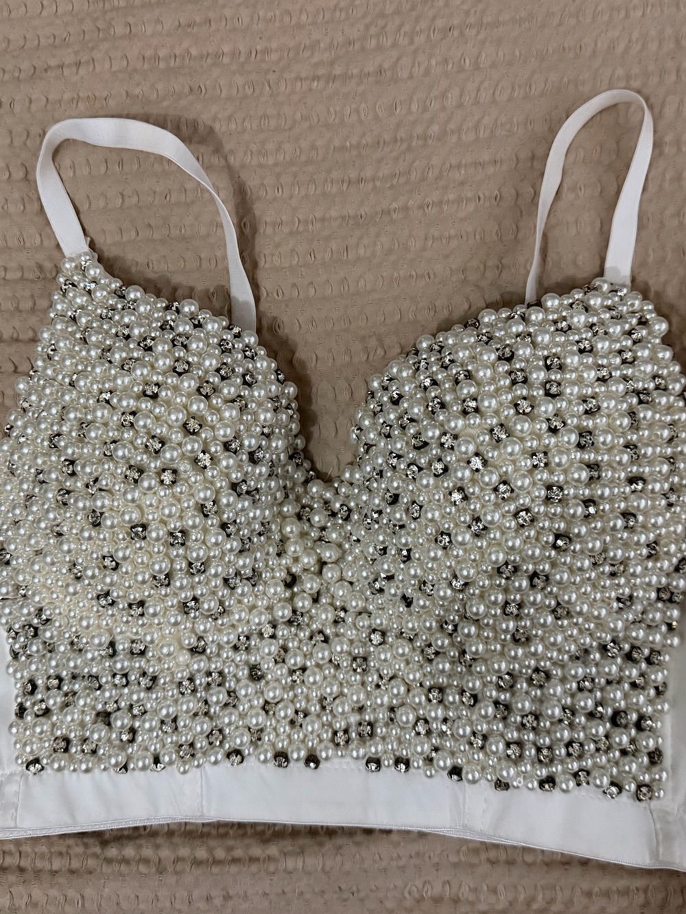 Pearl-Embellished White Crop Top with Delicate Straps